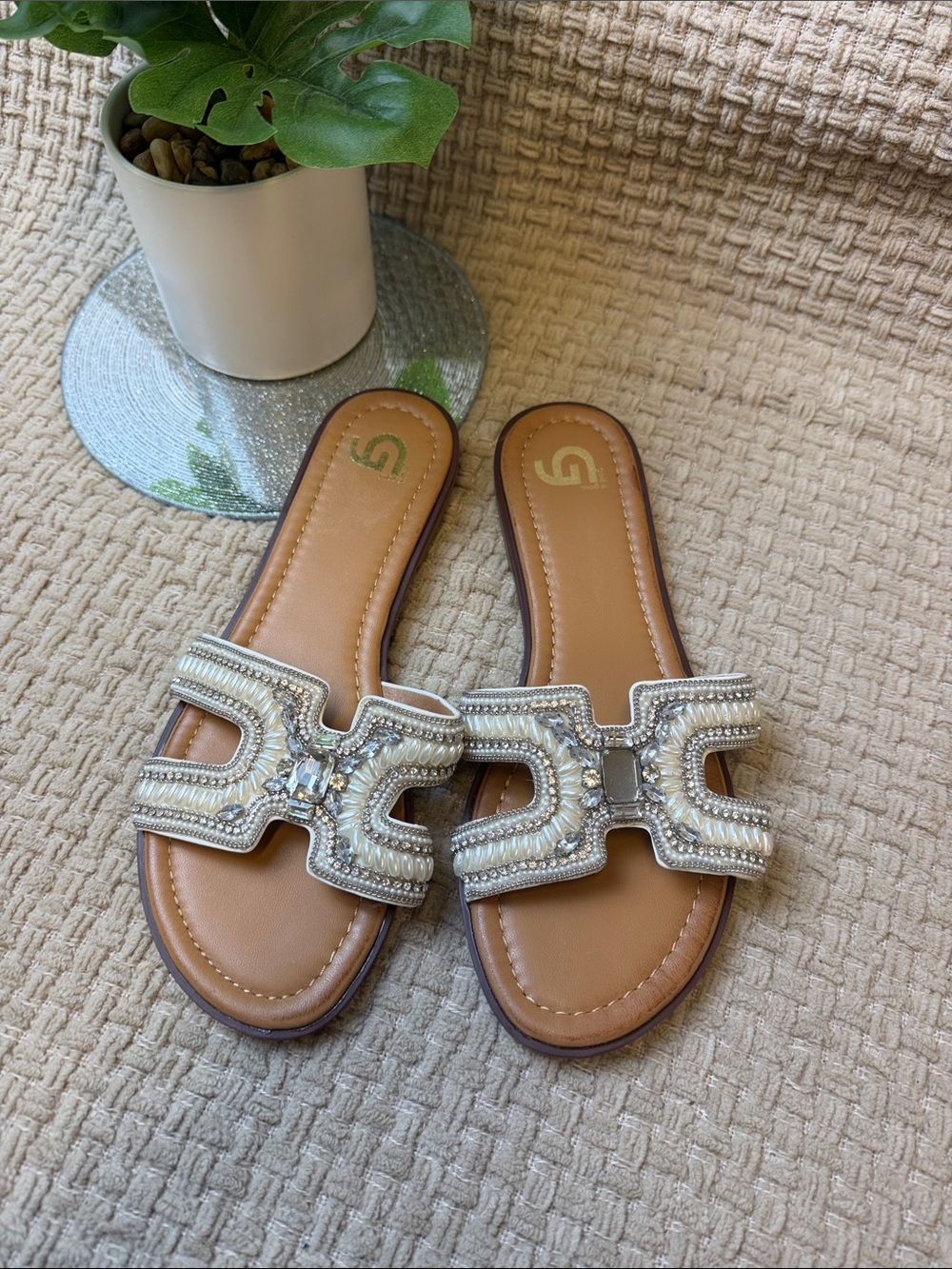 G by Guess Ivory Beaded Slide Sandals with Crystal Accents